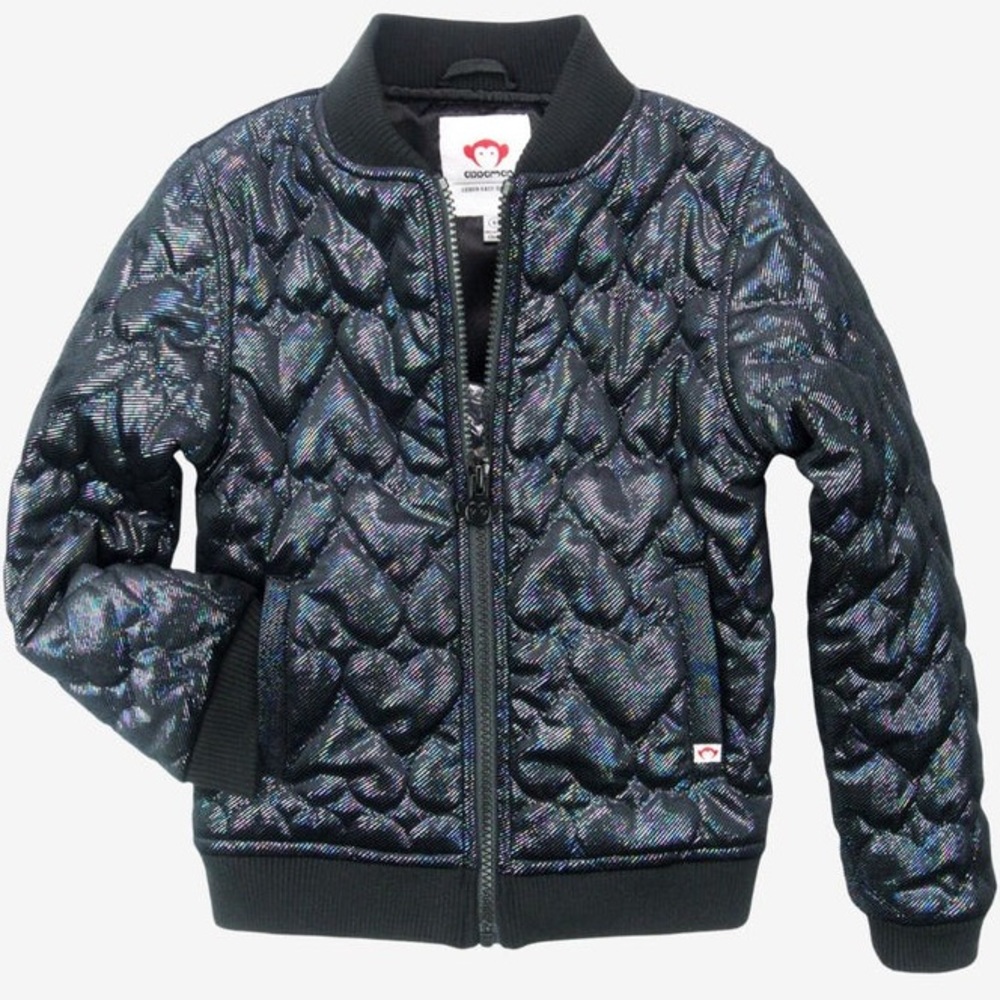 Appaman | Nikki Bomber Jacket Quilted Shiny Metallic Black Hearts A5NSJ-BHT (8) - Picture 3 of 17